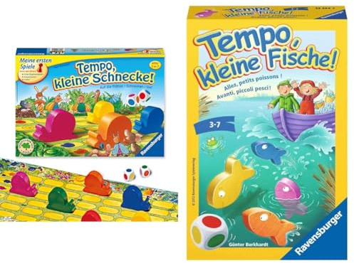 Ravensburger Kinderspiel 21420 - Tempo kleine Schnecke & 23334 - Tempo, kleine Fische, Mitbringspiel für 1-6 Spieler, Kinderspiel ab 3 Jahren, kompaktes Format, Reisespiel, Brettspiel