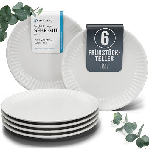 Set de 6 Assiettes à Petit-Déjeuner en Grès – Design HYGGE Scandi - Assiettes à Dessert et à Gâteau avec Design Rainuré - Assiettes Petites pour Salades - Vaisselle Pure Living en gris clair
