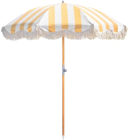 Funsite 6.5ft Boho Beach Umbrella with Fringe, UPF 50+ Tassel Umbrellas with Carry Bag, Premium Wood Pole Foldable Patio Umbrella for Outdoor Holiday Garden Lawn Pool Yard Table, Yellow White Stripe