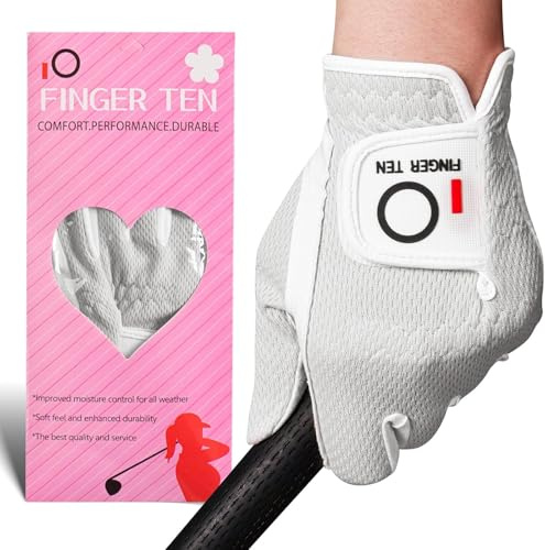 FINGER TEN Golf Gloves Women Left Hand Right Microfiber All Weather Grip Rain Hot Wet Value Pack, Ladies Golf Gloves Soft Flexible Durable Wear Resistance Good Grip (White, XS, Left)