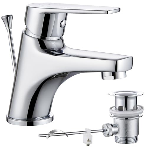 CECIPA Rubinetto per lavabo da bagno con asta di trazione, Rubinetto Sottolavabo con scarico, Rubinetteria Bagno, Miscelatore da bagno con altezza di uscita 57 mm, Piccolo Miscelatore per lavabo