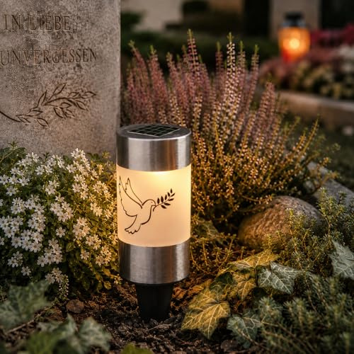 MARELIDA LED Solar Grablicht Grabkerze Taube mit Erdspieß Grableuchte Gedenkkerze mit Friedenstaube als Motiv Sensor