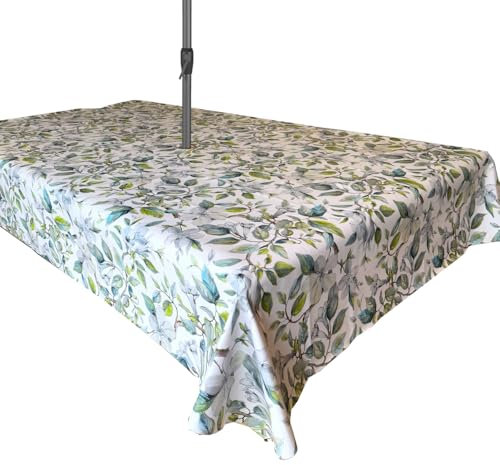 Rosie Lane PVC Wipe Clean Garden Floral Print Tablecloth With Parasol/Umbrella Hole, White with Green Leaves Pattern, Waterproof, Rectangular (200 x 140 cm)