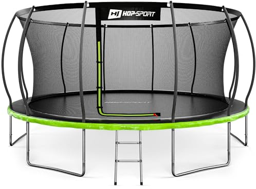 Hop-Sport Trampolin Outdoor - Ø 244/305/366/427/488 cm - Trampolin mit innenliegenden Sicherheitsnetz, gebogenen Netzstangen und Sicherheitszertifikaten - Komplettset mit Leiter Randabdeckung