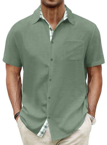 HMIYA Herren Kurzarm Hemd 100% Baumwolle Button Down Freizeithemden Sommer Strand Regular Fit Shirt,Grün,3XL