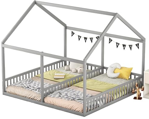 Goldicoo Montessori Cama doble 90 x 200 para 2 niños – Cuna con protección anticaída y somier