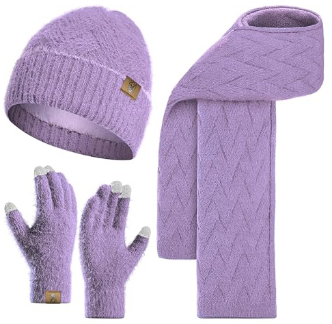 INSISMY Mütze Schal Set und Handschuhe für Damen Beanie Mütze Winter mit Fleecefutter and Touchscreen Handschuhe Langer Schal 3 in 1 Set
