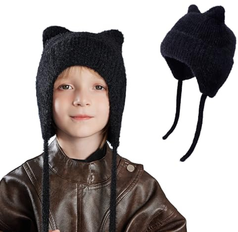AYPOW Adorables Oreille de Chat Chaud Tricot Bonnet Enfants 3-12 Ans, Hiver Thermique Coupe-Vent Doux pour La Peau Confortable Earflap Chapeau, Élastique Cache-Oreilles Casquette pour Fille Garçon