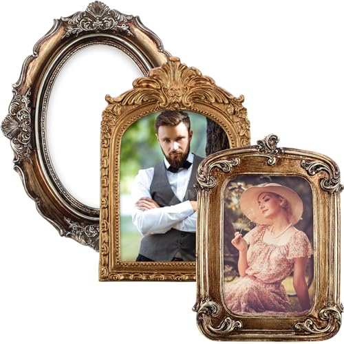 AceOrbit 3 Pcs 4x6/ 5x7 Inch Vintage Picture Frames Oval Square Arched Ornate Antique Picture Frame Tabletop Wall Hanging Photo Frame for Gallery Wall,Old Fashioned Gallery, Home Decor, Bronze Gold