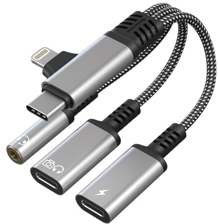 Pubiohs USB-C Adapter Kopfhörer und Laden 2 in 1 - USB-C + Lightning Adapter auf 3,5mm Klinke & USB C Kopfhörer, Laden, Daten & Anruffunktion für iPhone 17/16/15/14/13/12/11/X/8 und Android