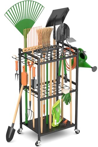WELDUN Gartenwerkzeug Organizer, Mobile Garage Standregal auf Rollen | Gartenwerkzeug Rollwagen für 35 langstielige Werkzeuge, Garage Management mit 4 Rollen