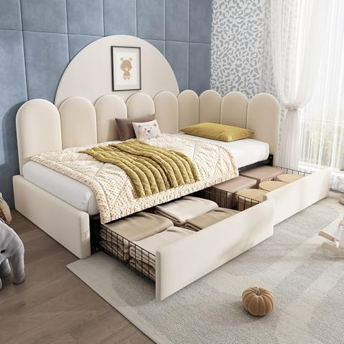 LTGB Upholstered Bed Daybed with Drawers Storage,3FT Single Sofa Bed 90X190cm, Sofa Bed For Adults and Children, with Slatted Frame, Velvet, No Mattress, Beige