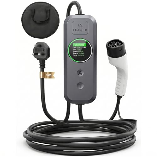 EV Charger Cable Type 2 to 3 Pin Plug, 5M 3.5kW Electric Car Charger, 6/8/10/13A Adjustable Type 2 Charging Cable, EV Charger with LED Indicator, Ev Charging Cable for EV & PHEV