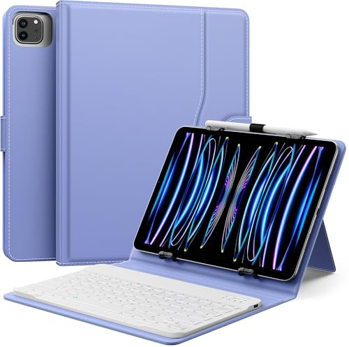 MoKo Funda Universal con Teclado para 9-11 Tableta,Lavanda | para 9,9.7,10.1,10.2,10.4,10.5,10.9 iPad,Fire,Pixel Tableta, Teclado Bluetooth QWERTY Inalámbrico & Portalápices