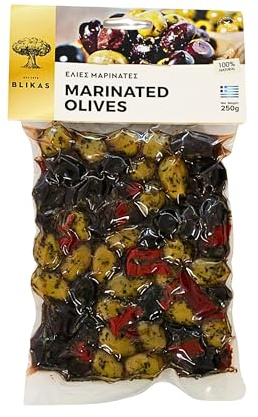 Blikas Mezcla Aceitunas Griegas Verdes y Kalamata | 500g | Mezcla de aceitunas griegas verdes y Kalamata con orégano y guindilla roja, sabor mediterráneo auténtico