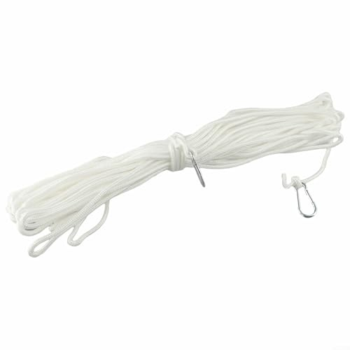 Nylon Flag Rope, 20M with 4 Carabiner Hooks, Weatherproof Halyard for Outdoor Flagpoles, White Cord for Garden and Camping Use