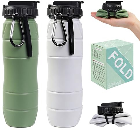 SGZIOO 2 Stück Faltbare Trinkflasche, 650ml Faltbare Wasserflasche mit Karabiner, Faltbare Flasche aus Silikon, BPA-frei, Wiederverwendbar, Trinkflasche Faltbar für Fahrrad Sport Outdoor, Grün & Grau