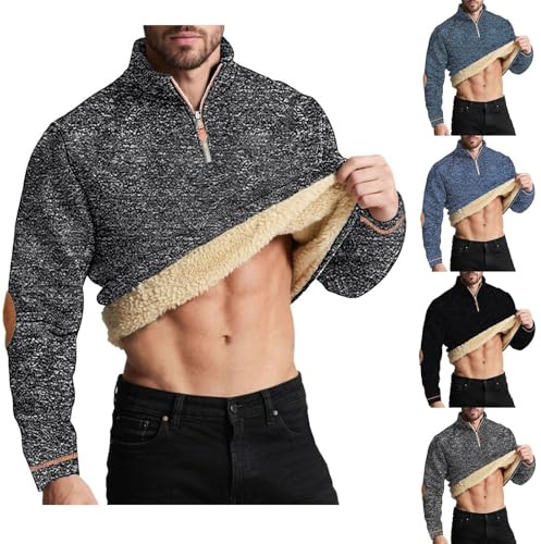 FlutVolt Fodrad vinterfleecetröja för män med dragkedja, tjock tröja, varma arbetströjor, ståkrage, vinter vardaglig ulltröja, enfärgad fleece för män