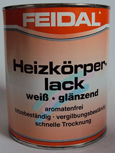 Feidal Heizkörperlack, Weiss Glänzend, hitze- und vergilbungsbeständig / 750 ml / hochglänzender Spezia l-Alkydharzlack für strapazierfähige Lackierungen auf Stahl-und Gussheizkörpern , Radiatoren pulverbeschichtet sowie Rohrleitungen bei Warmwasser- u. Dampfheizungen.
