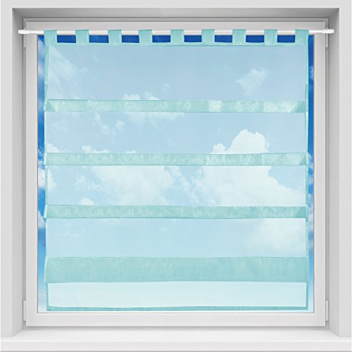 Bestgoodies Bistrogardine in transparent mit Raffoptik, einfarbige und lichtdurchlässige Voile-Scheibengardine mit Schlaufe, in vielen Größen verfügbar (100 x 110 cm/türkis - Petrol)