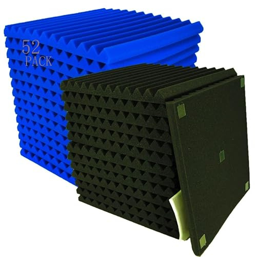 52 Pack Black blue 1 x 12 x 12 Acoustic Wedge Studio Foam Sound Absorption Wall Panels(Accompanied By Double-Sided Adhesive Tape)