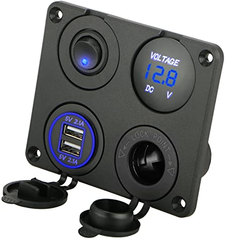 Linkstyle 4 in 1 12V Switch Panel, 4.2A Dual USB Outlet Charger Socket with Waterproof ON/OFF Rocker Switch, LED Digital Voltmeter & Cigarette Lighter Socket for Car Marine RV Boat Truck