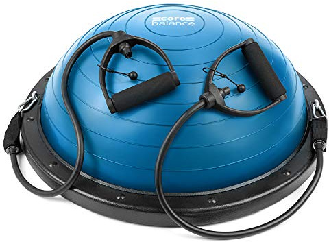 Core Balance Dome Balance Trainer with Adjustable Resistance Bands, Inflatable Half Ball Balance Board for Core Strength & Full Body Workouts, Anti-Slip, Pump Included – Blue