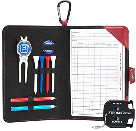 Handy Picks Golf Scorecard-Halter Yardage Buchcover aus echtem Leder - Divot Reparaturwerkzeug, Ballmarker, Golf Tees, Bleistifte n Scorecards, Scorzähler inklusive - Geschenk für Golfer