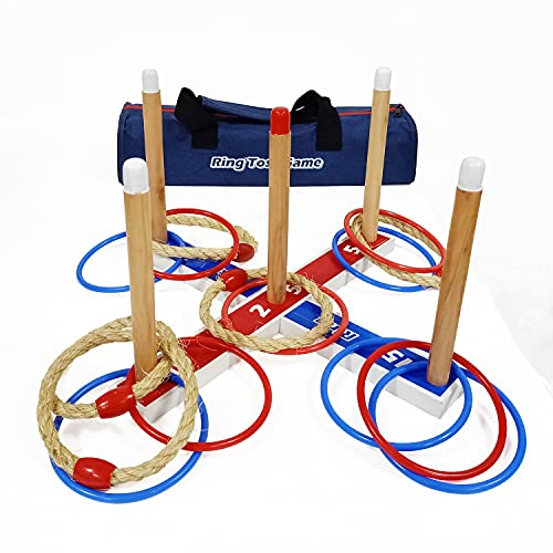 Wurfspiele Ring Toss Game Wooden Quoits Throwing Tossing Game Set with Carry Bag（5 pcs Rope Rings + 10 pcs Plastic Rings