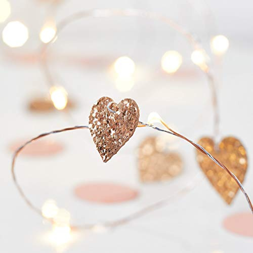 Lights4fun Gold Glitter Love Heart String Fairy Lights – 20 Warm White Micro LEDs on 1.9m Copper Wire – Battery Operated with Timer – Indoor Romantic Lighting