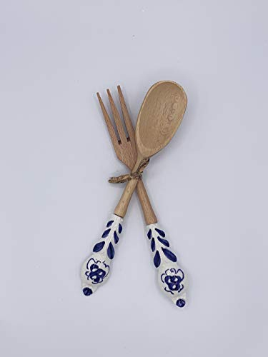 Set Posate da Insalata cucchiaio e forchetta in legno con manico in ceramica dipinto a mano con disegni Romagnoli Blu