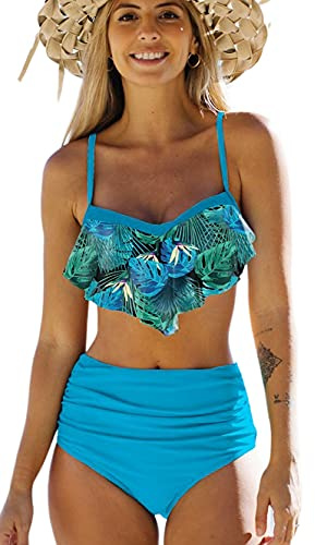 Bikinis Mujer Top con Volantes Braga de Color Liso Traje de Baño Cintura Alta Bañador Mujer Reductor Barriga Azul L