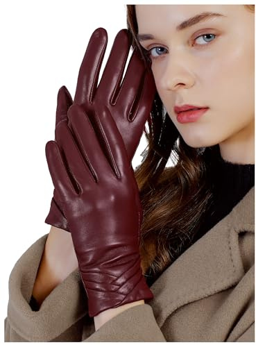 GSG SINCE 1998 Guantes de Mujer en Cuero Genuino – Piel de Oveja Sin Cromo, Forro de Lana, Guantes Táctiles y Cálidos de Invierno para Conducir Burdeos Talla M
