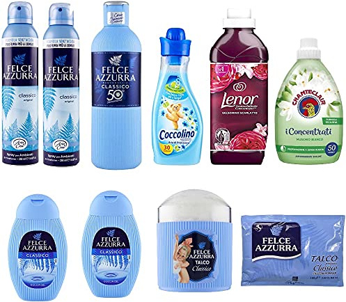 Italien testpaket Felce azzurra Aria Casa rumuppfriskande dusch bad Bagnodoccia kroppspulver Chante Clair Muschio bianco sköljmedel Coccolino Ammorbidente Aria di Primavera sköljmedel 750 ml