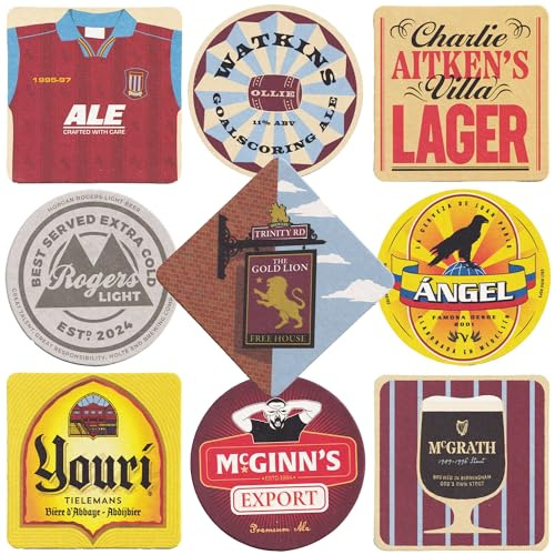 Boot & Ball Aston Villa Beer Mats for Home Pub – 9 Double-Sided Coasters with 18 Designs – Traditional Pulp Board Bar Mat – Beer Gifts for Men – Made in the UK
