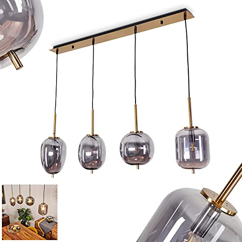 Pendelleuchte Verbania, moderne Deckenlampe aus Metall/Glas in Messing/Rauchglas, Hängeleuchte im Vintage-Design m. Glasschirmen, 4-flammig, 4 x E14, Höhe max. 120 cm, ohne Leuchtmittel