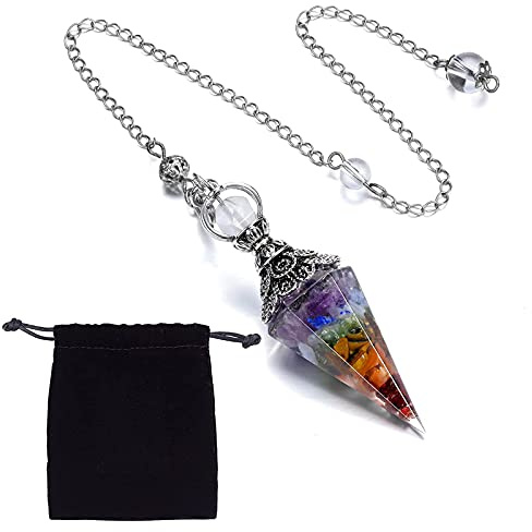 SUNNYCLUE 7 Chakra Pendule Cristal Pierres Précieuses Radiesthésie Pendule Collier avec Pinces de Homard et Sacs en Tissu de Velours pour Reiki Équilibrage,Grande taille63x19x16mm