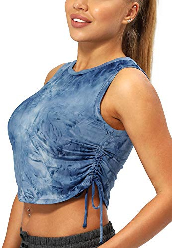 icyzone Damer sport fitness linne cropped yoga skjorta rund hals löpning toppar, Denim, L