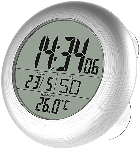 infactory Funkuhr mit Saugnapf: Digitale Bad-Funk-Wanduhr mit Thermometer, Alu, Saugnäpfe, IP24 (Badezimmer Funkuhr mit Saugnapf, Badezimmer Digital, wasserdicht)