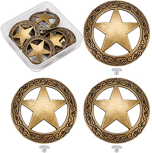 GORGECRAFT 1 Box 6 Sets Schraubknöpfe Mit Graviertem Stern Concho, Aushöhlen, Dekorative Knöpfe, Rund, Vintage-Bronze, Metallschnalle, Ersatzguss, Western-Rodeo, DIY-Lederhandwerk