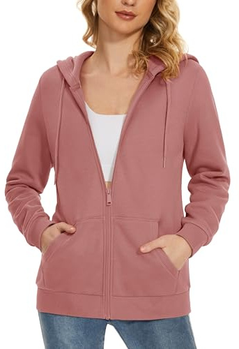 MAGCOMSEN Women's Fleece Lined Zip Up Hoodies Casual Hooded Jacket Workout Full Zip Sweatshirts Pocket Coats Pink L
