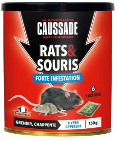 Caussade Anti Rats & Souris - Efficacité Radicale - Lieux secs - 6 Sachets céréales - Prêt à l'emploi - Une Ingestion Suffit - 150g CARSC150N