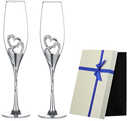 HIUHIU Gobelets À Champagne De Mariage Verres À Flûtes pour Mariée Et Marié Verres À Vin Créatifs avec Un Cœur Bordé De Strass Set De Décoration pour Fête/l'anniversaire,Argent