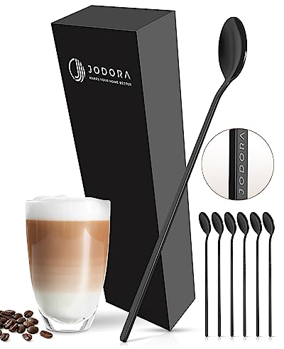 JODORA Design Latte Macchiato Löffel schwarz 19cm - 6 lange Löffel aus rostfreien 304 Edelstahl - stabile Dessertlöffel lang spülmaschinenfest