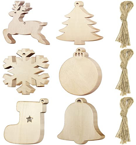 Apragaz Wooden Christmas Hanging Ornaments - 30 Pcs Tree Decorations, 6 Shapes Baubles, Unfinished Wood Ornament for Xmas DIY Crafts
