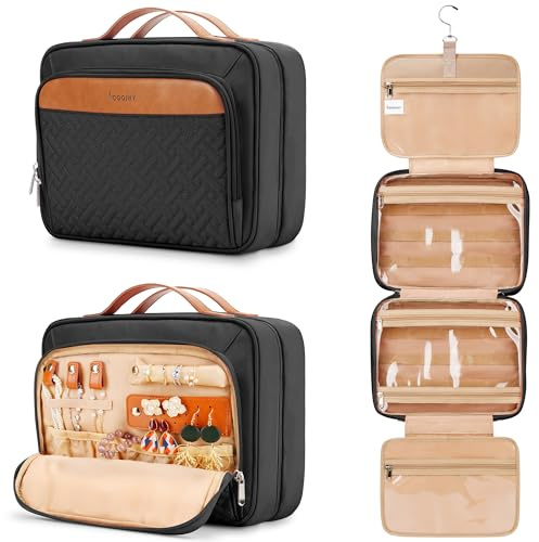 Travel Hanging Toiletry Bag for Women, with Jewelry Organizer Compartment, Medium Waterproof Hanging Makeup Accessories, Cosmetic Essentials, Toiletries Dopp Kit Set with Trolley Belt, Black