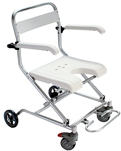 Rollstuhl Duschstuhl Badhocker faltbar mit Rollen für ältere Menschen/Behinderte, Duschhocker mit hochklappbaren Armen und ergonomischer Rückenlehne - 2 in 1 Rollstuhl + Duschstuhl