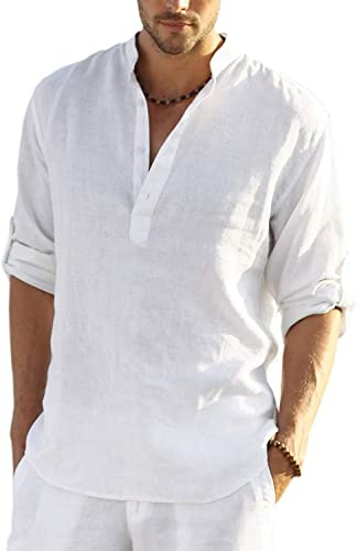 COOFANDY Herrskjorta, långärmad Henley-skjorta, linneskjorta, bomull, ledig, normal passform, sommarskjorta, Vit, 3XL