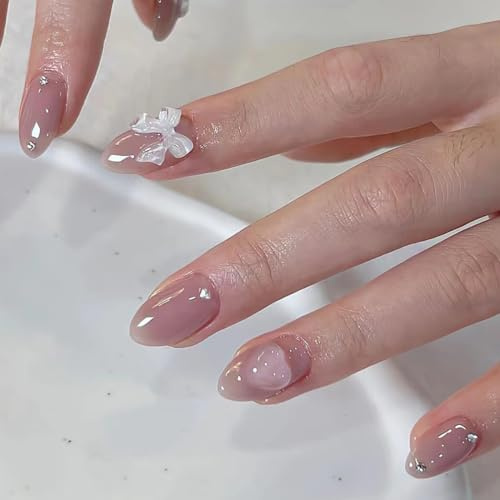 MouyouGlow Press on Nails Kurz,Almond Nude Rosa Jelly 3D Weiß Schleife Heart Strass Coquette Fake Nails mit Nagelkleber,Korean Künstliche Fingernägel