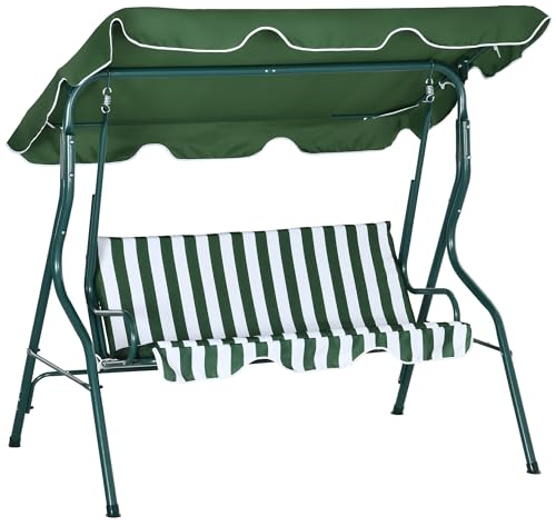 Outsunny Dondolo 3 Posti con Tettuccio Regolabile e Cuscini Imbottiti, Dondolo da Giardino in Acciaio e Poliestere, 170x110x153 cm, Verde e Bianco